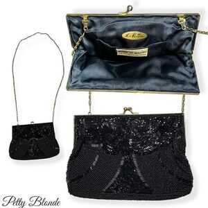 Elegant Black Beaded Clutch: Stunning‎ Beadwork, Dainty Strap, & Bronze Hardware